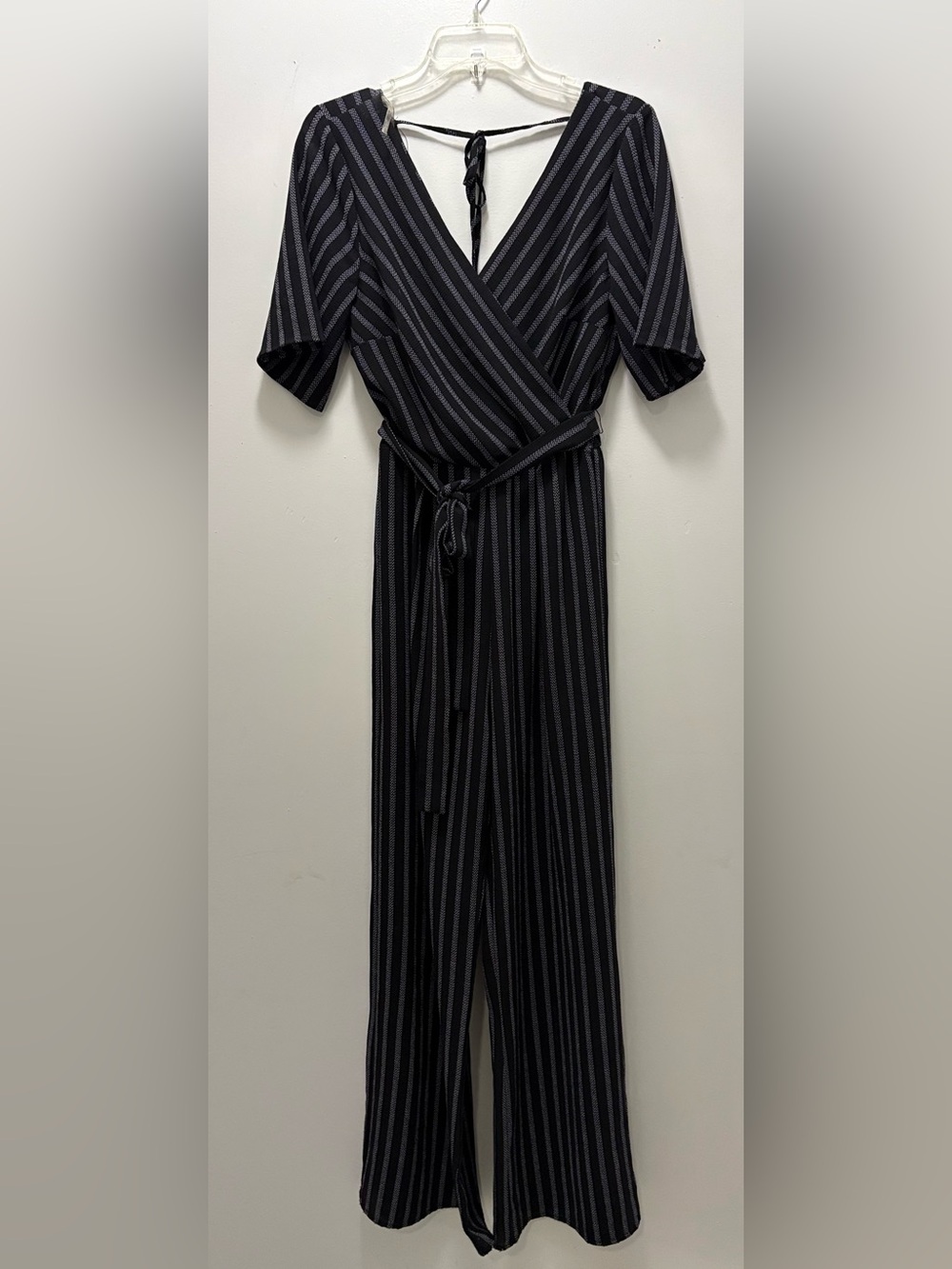 Trixxi Black and Gray Striped Long Sleeve Wrap Jumpsuit